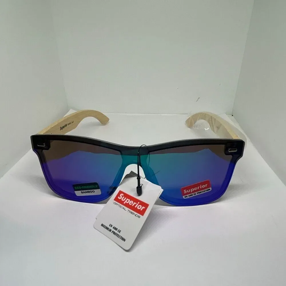 Superior Bamboo Mirrored  UV400 Rimless Shield Sunglasses Eco-Friendly Wooden Ar